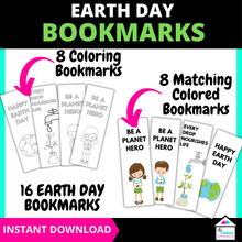 Load image into Gallery viewer, earth day bookmarks, 8 coloring bookmarks, 8 matching colored bookmarks
