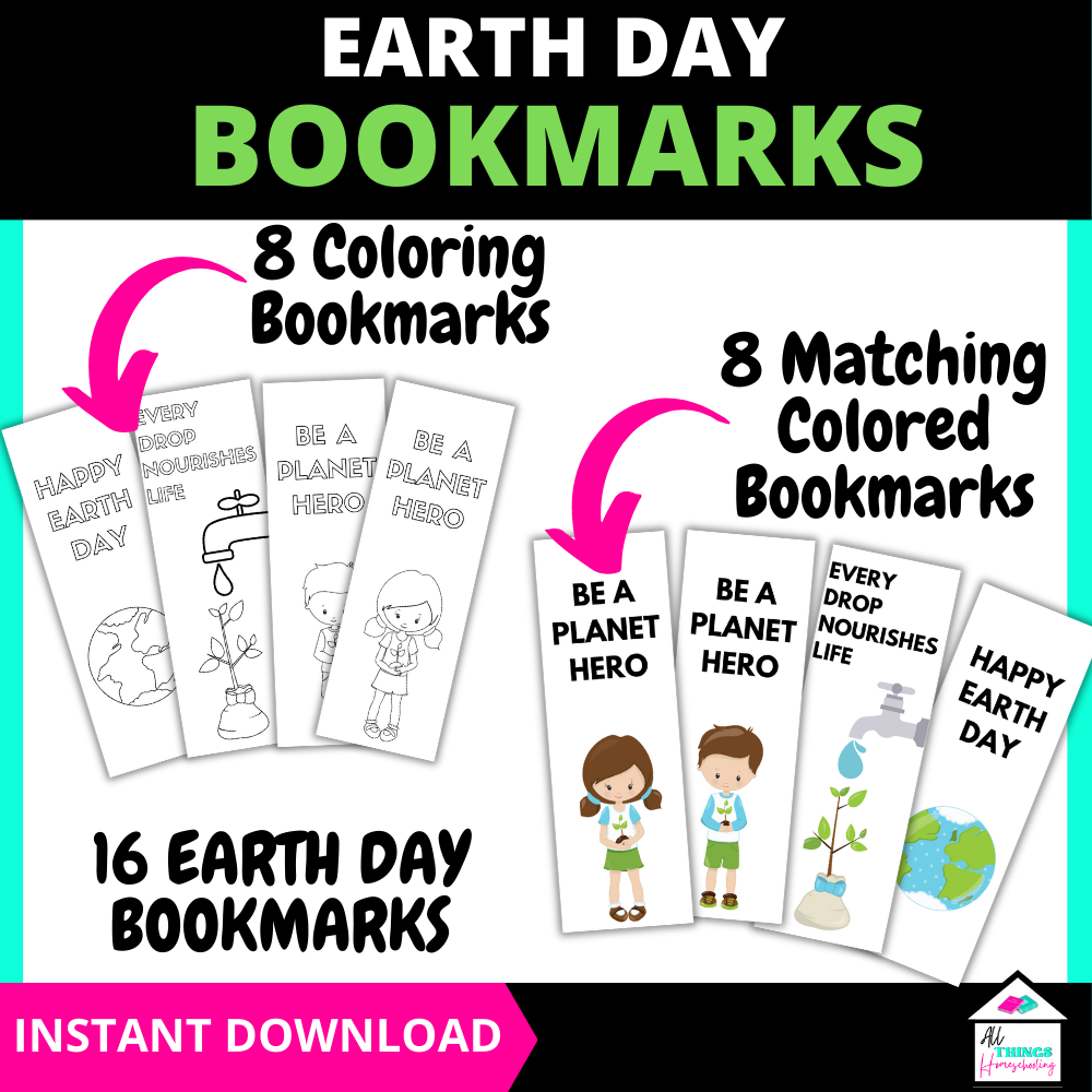 earth day bookmarks, 8 coloring bookmarks, 8 matching colored bookmarks