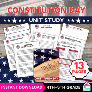 13 page Constitution Day Unit Study for 4th-5th Grade, Instand Download