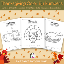 Load image into Gallery viewer, Thanksgiving Math Activities- Color by Numbers: A Fun and Educational Activity for Preschool &amp; Kindergarten
