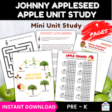 Load image into Gallery viewer, 9 page mini unit study on Jonny appleseed and apples
