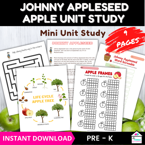 9 page mini unit study on Jonny appleseed and apples
