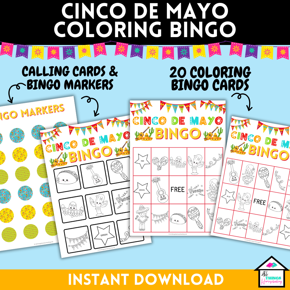 cinco de mayo coloring bingo, 20 cards