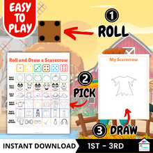 Load image into Gallery viewer, Roll &amp; Draw a Scarecrow Game - Creative Fall Activity for Kids
