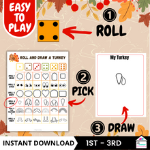 Load image into Gallery viewer, Roll &amp; Draw a Turkey Game - Fun Thanksgiving Activity for Kids
