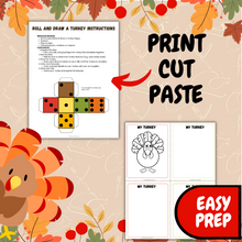 Load image into Gallery viewer, Roll &amp; Draw a Turkey Game - Fun Thanksgiving Activity for Kids
