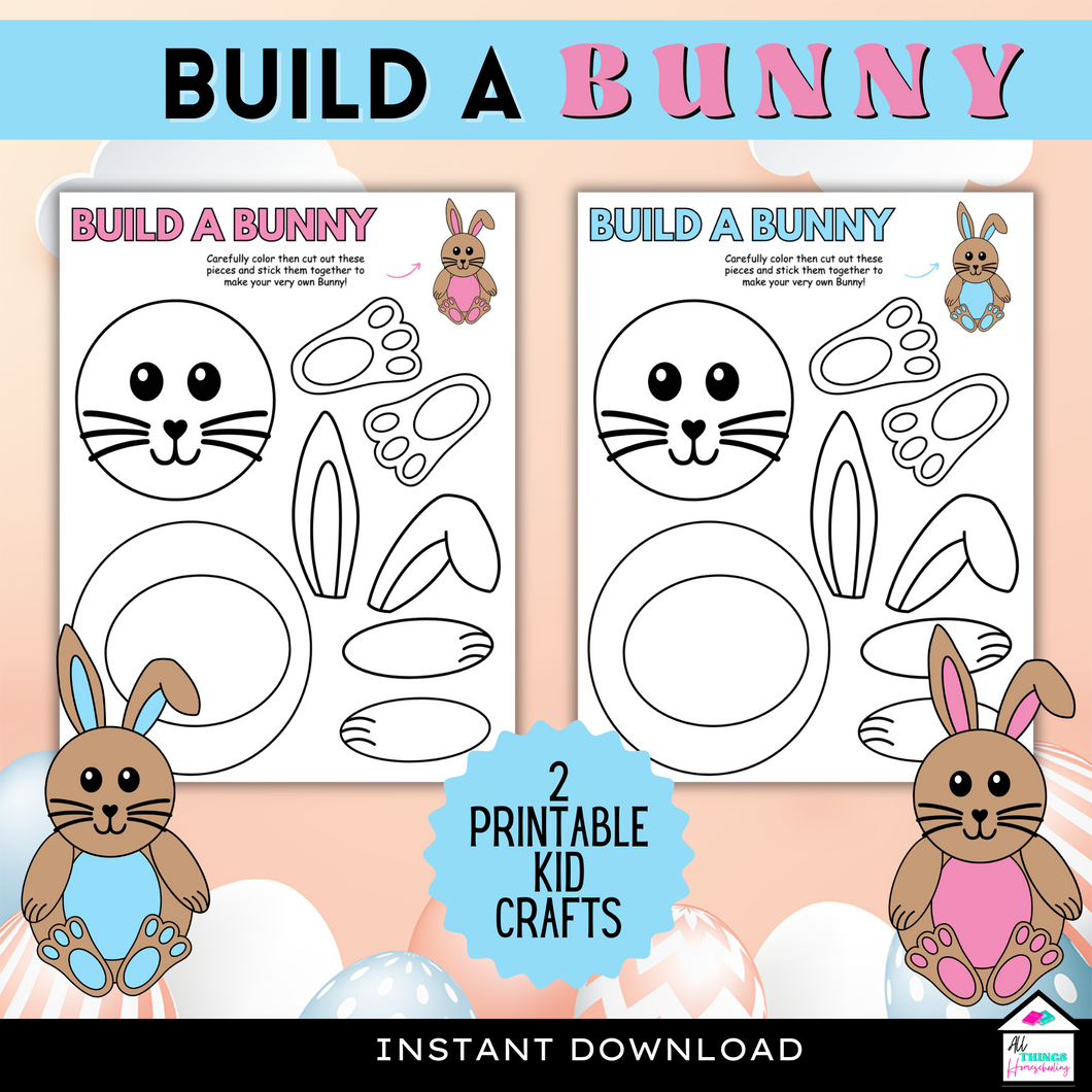 build a bunny craft activity for kids, blue or pink bunny