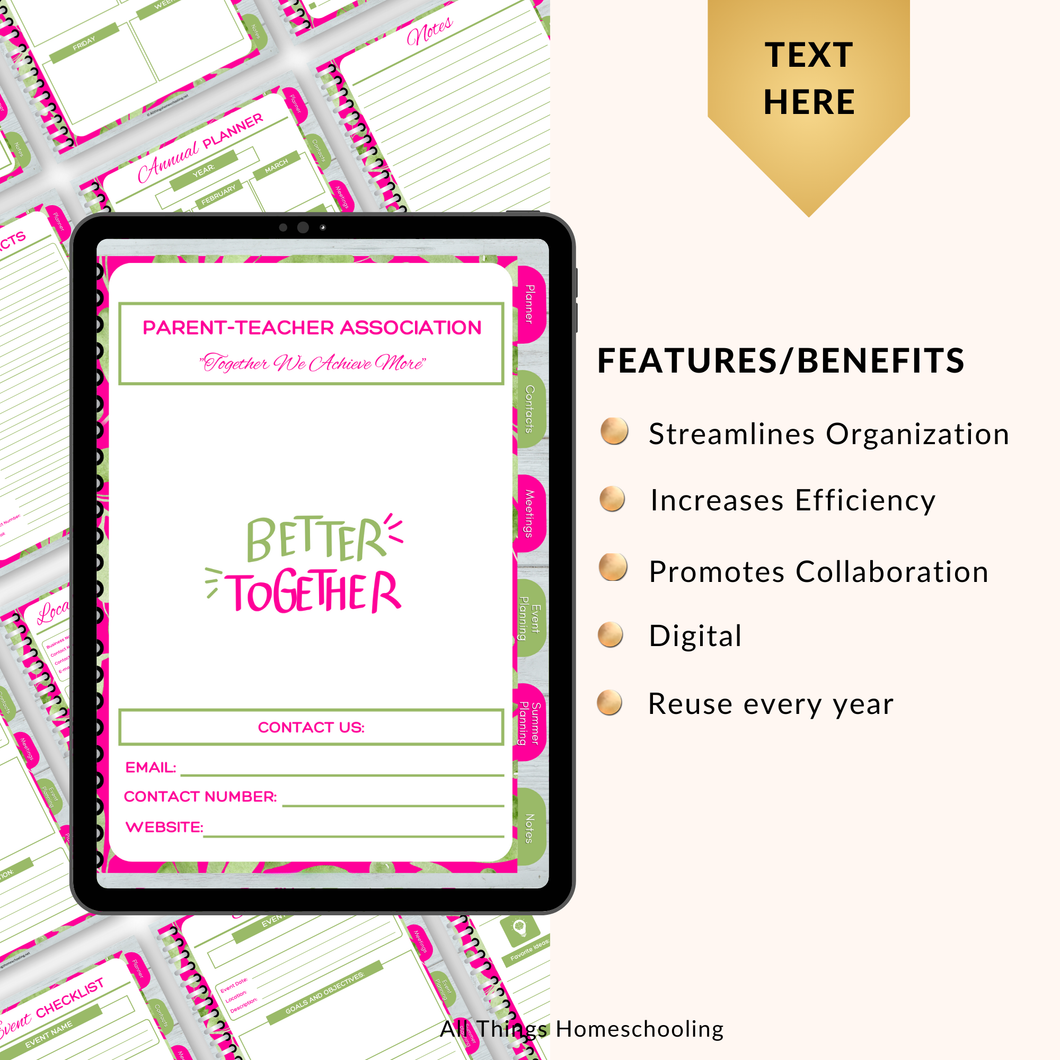 Elegant Green & Pink Digital PTO/PTA Planner