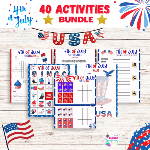 40 4th of july activities for kids. total of 80 pages of content. The games make it a fun learning activities. There are solutions for all the activities so your kids can do them independently. It will keep them busy for hours. 