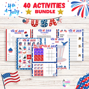 40 4th of july activities for kids. total of 80 pages of content. The games make it a fun learning activities. There are solutions for all the activities so your kids can do them independently. It will keep them busy for hours. 