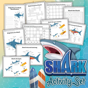 Shark Week activity set. Learn all about sharks with this activity set. sharks anatomy, sharks life cycle, mapping and more