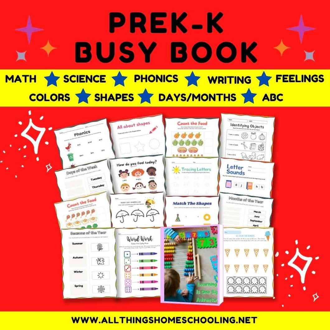 Busy book for prek - kindergarden. Math, science, phonics, writing, feelings, colors, shapes, days/months, ABC