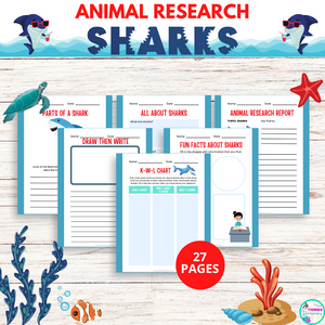 27 pages in this shark animal research printable.  Research answering using books or videos, data graphics, cause and effect, lots of writing work, and more!